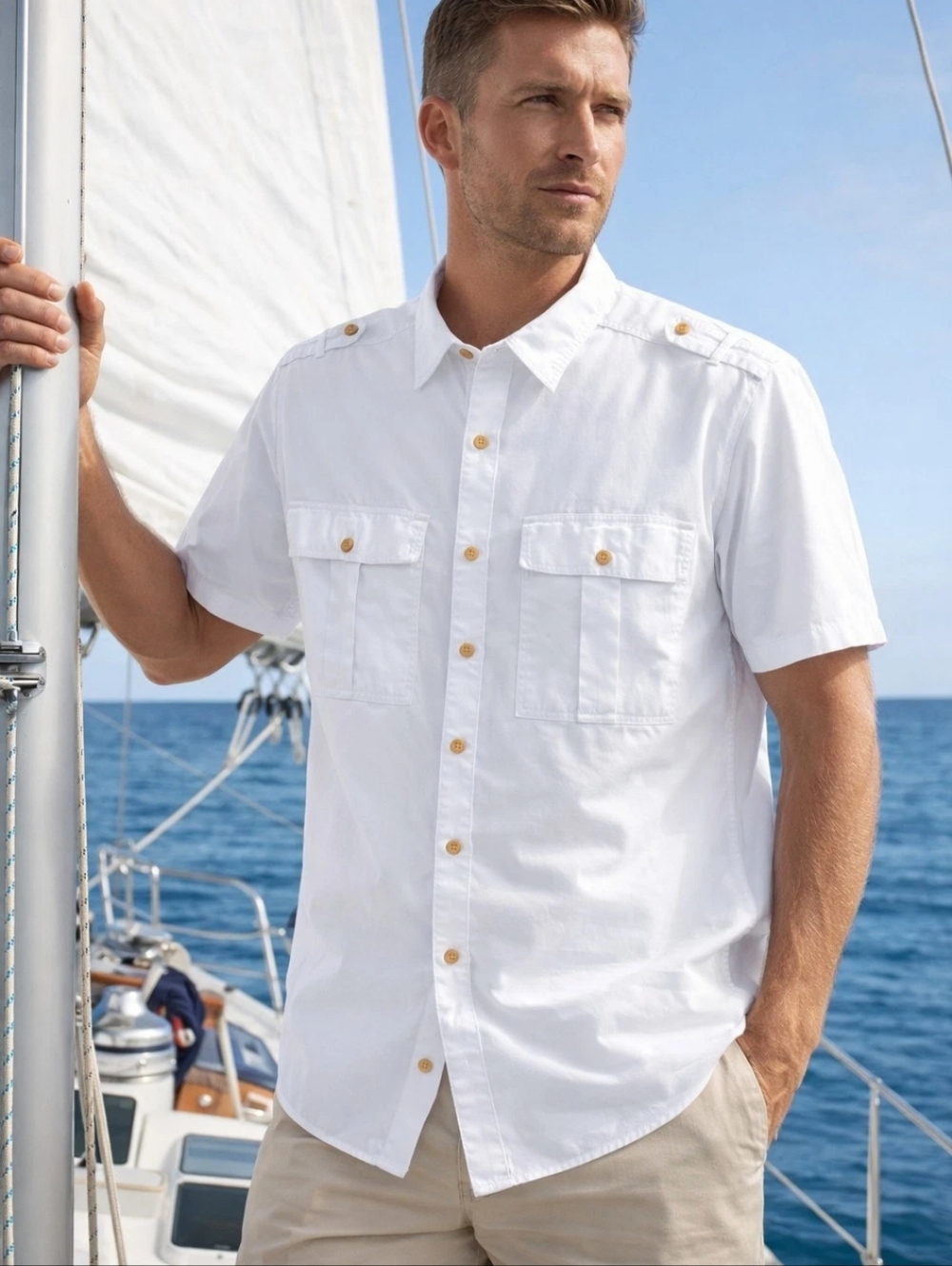 Men’s White Casual Boat Beach Button Down  100% Cotton | Short Sleeve | Size M